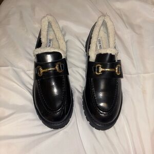Steve Madden Black and Gold Loafers with Horsebit Detail